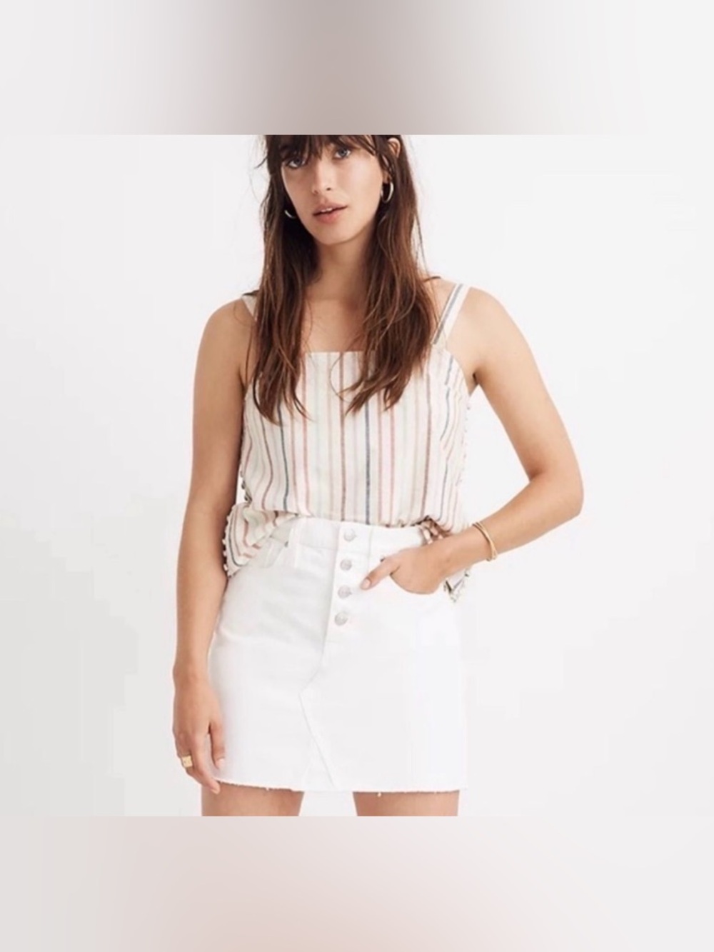 Rigid Denim A-Line Mini Skirt in Tile White: Button-Front Edition Size 31
